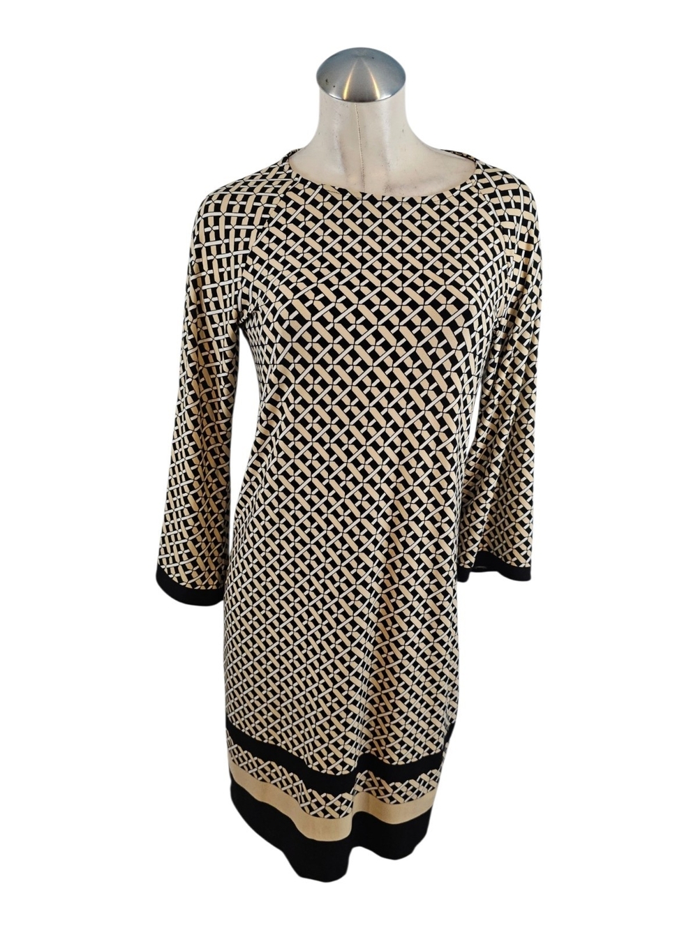 Chico's Geometric Lattice Print 3/4 Sleeve Knit Dress Black Tan Size 0 S